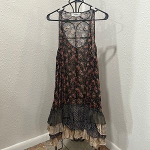 Scrap-work Sheer Ruffle hem Sun Dress Large Black Floral